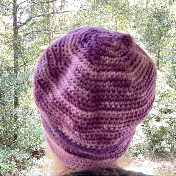 Hat Hand Crafted Purple BeanieStriped Varigated Floral Crochet - Picture 13 of 16